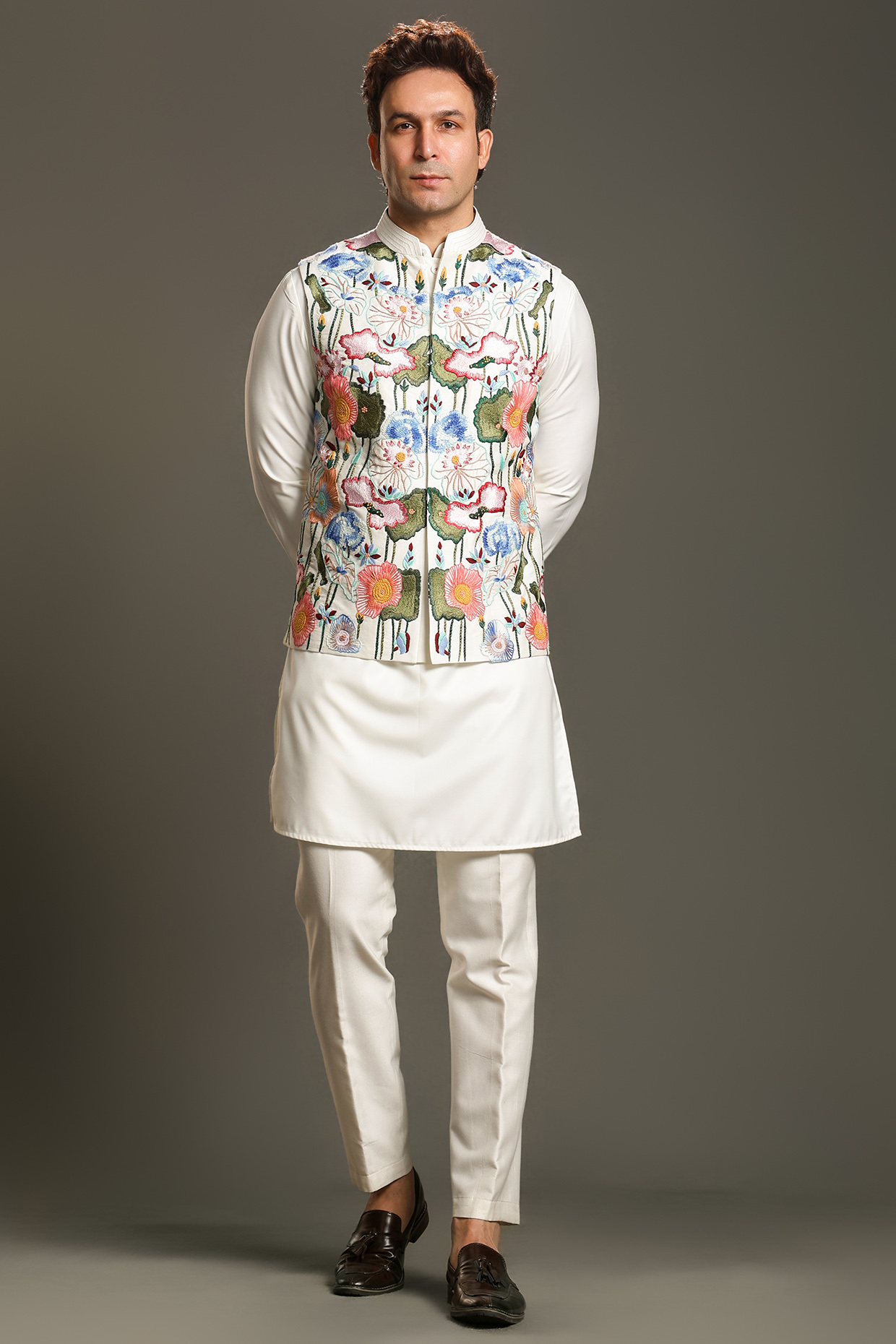Multi-Colored Raw Silk Thread Embroidered Nehru Jacket Set by Line by Shamim Khan