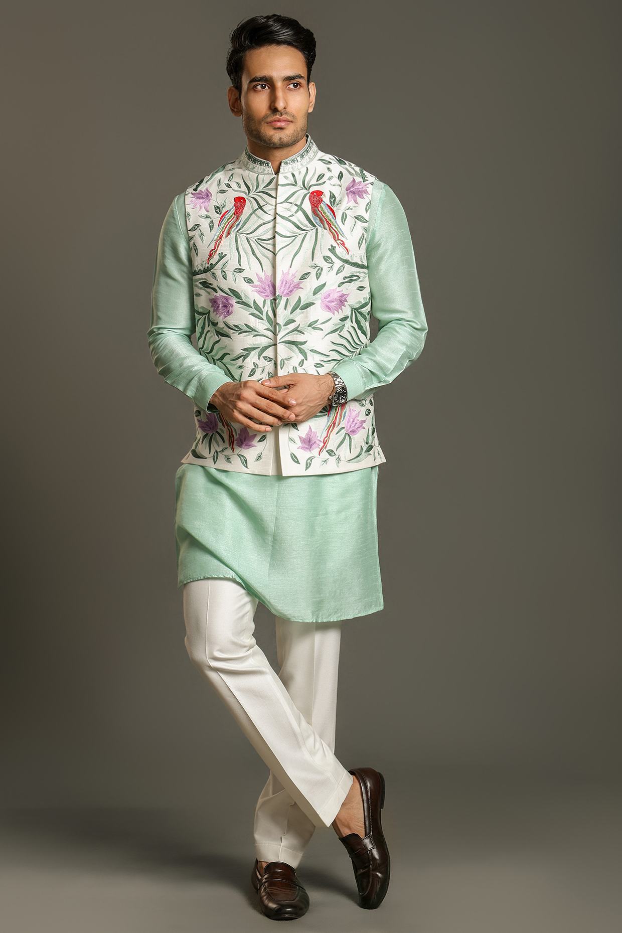 Multi-Colored Raw Silk Thread Embroidered Nehru Jacket Set by Line by Shamim Khan
