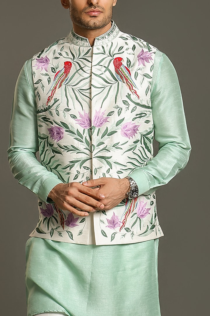 Multi-Colored Raw Silk Thread Embroidered Nehru Jacket Set by Line by Shamim Khan at Pernia's Pop Up Shop