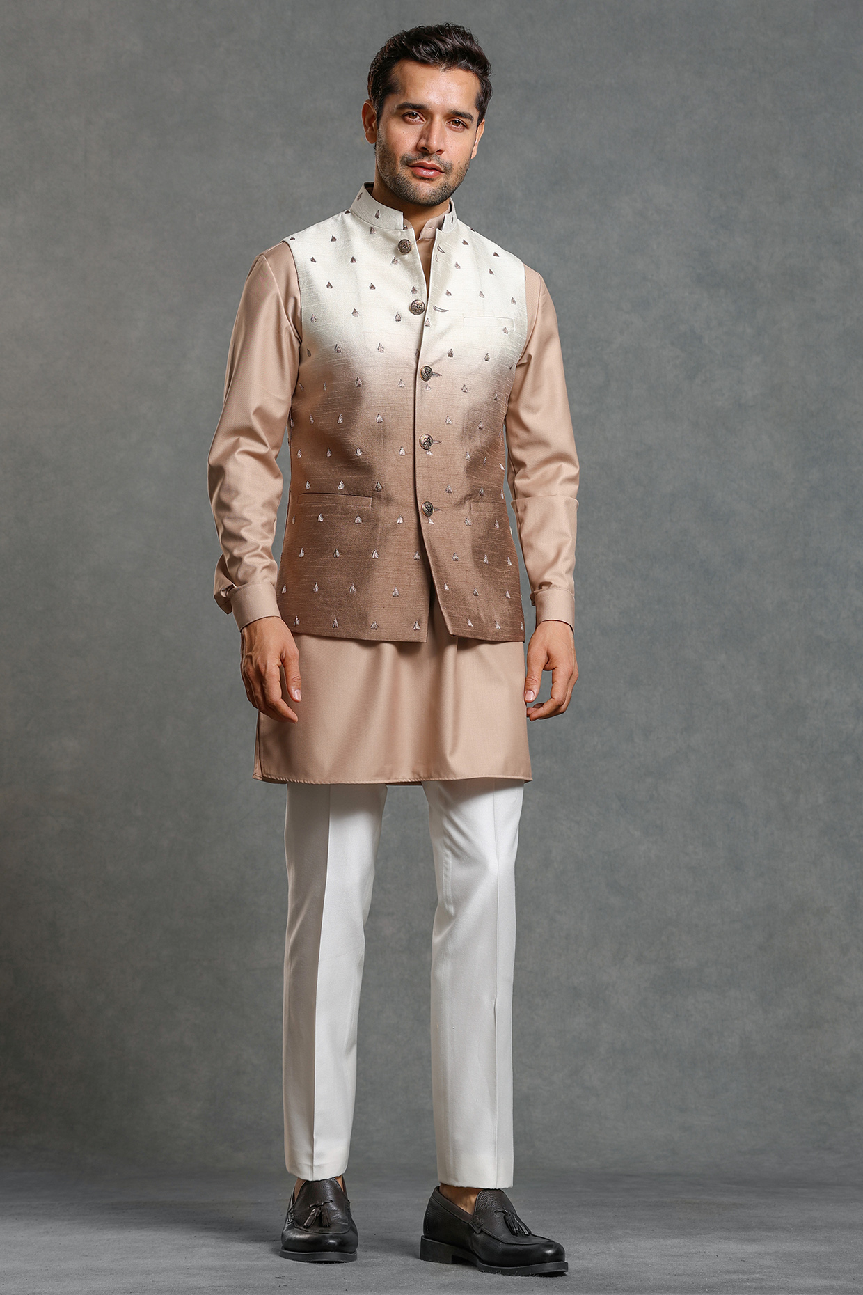 Caramel & White Raw Silk Thread Embroidered Nehru Jacket Set by Line by Shamim Khan