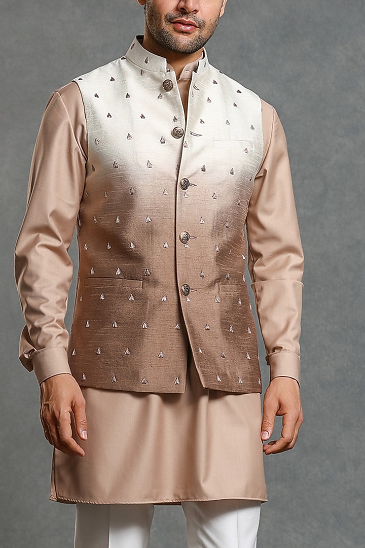 Caramel & White Raw Silk Thread Embroidered Nehru Jacket Set by Line by Shamim Khan at Pernia's Pop Up Shop