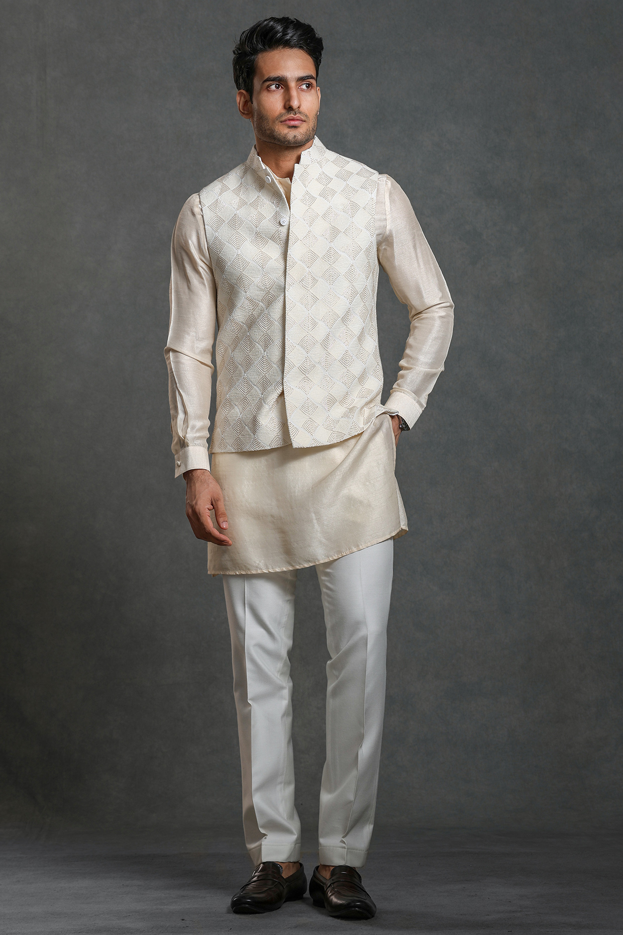 Beige & White Georgette Glass Cut Embroidered Nehru Jacket Set by Line by Shamim Khan