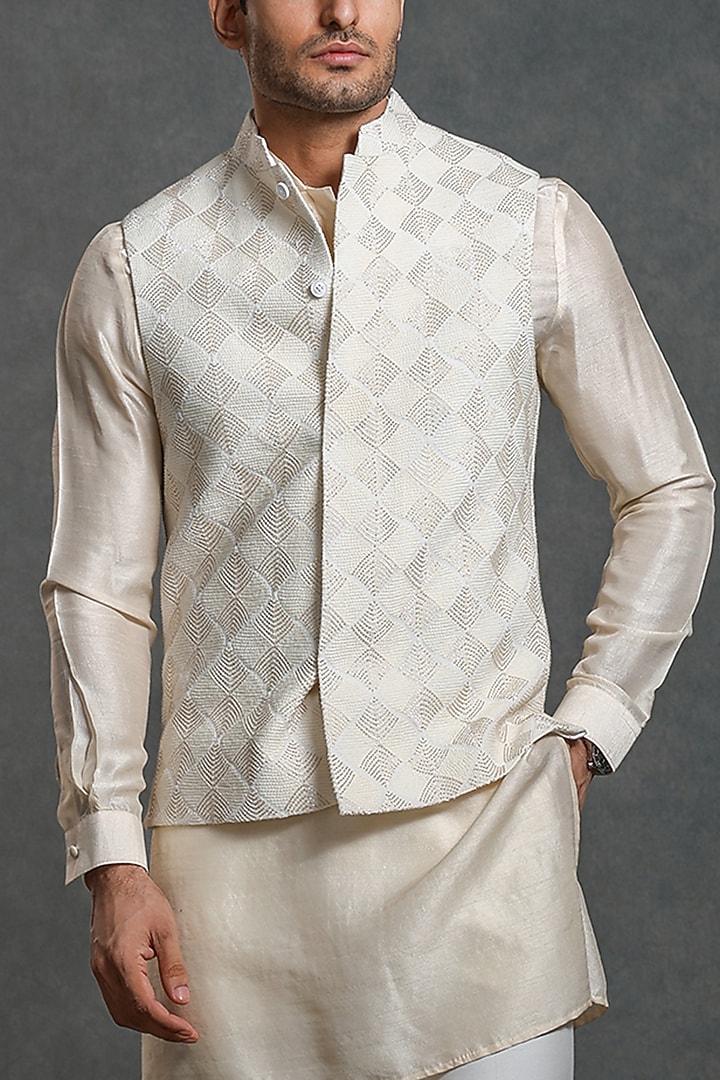 Beige & White Georgette Glass Cut Embroidered Nehru Jacket Set by Line by Shamim Khan at Pernia's Pop Up Shop