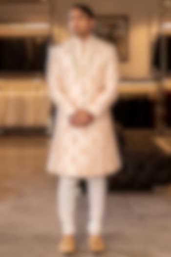 Old Lace Raw Silk Hand Embroidered Groom Sherwani Set by Line by Shamim Khan at Pernia's Pop Up Shop