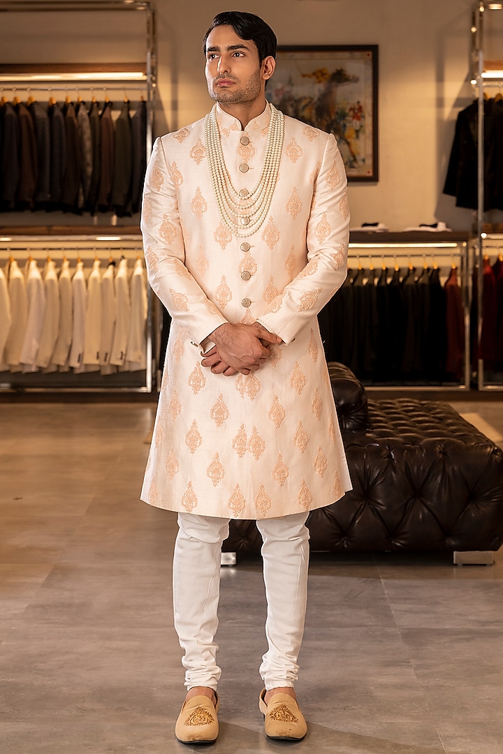 Old Lace Raw Silk Hand Embroidered Groom Sherwani Set by Line by Shamim Khan at Pernia's Pop Up Shop