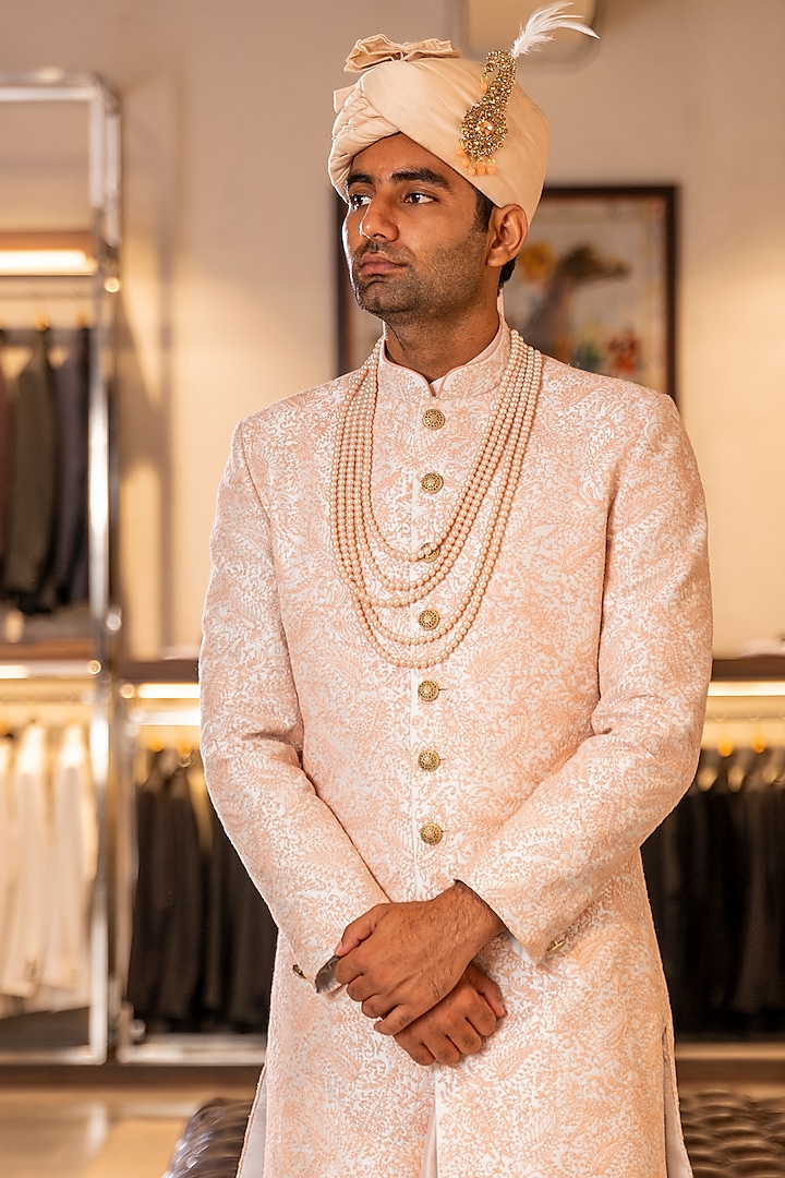 Old Lace Raw Silk Hand Embroidered Groom Sherwani Set by Line by Shamim Khan at Pernia's Pop Up Shop