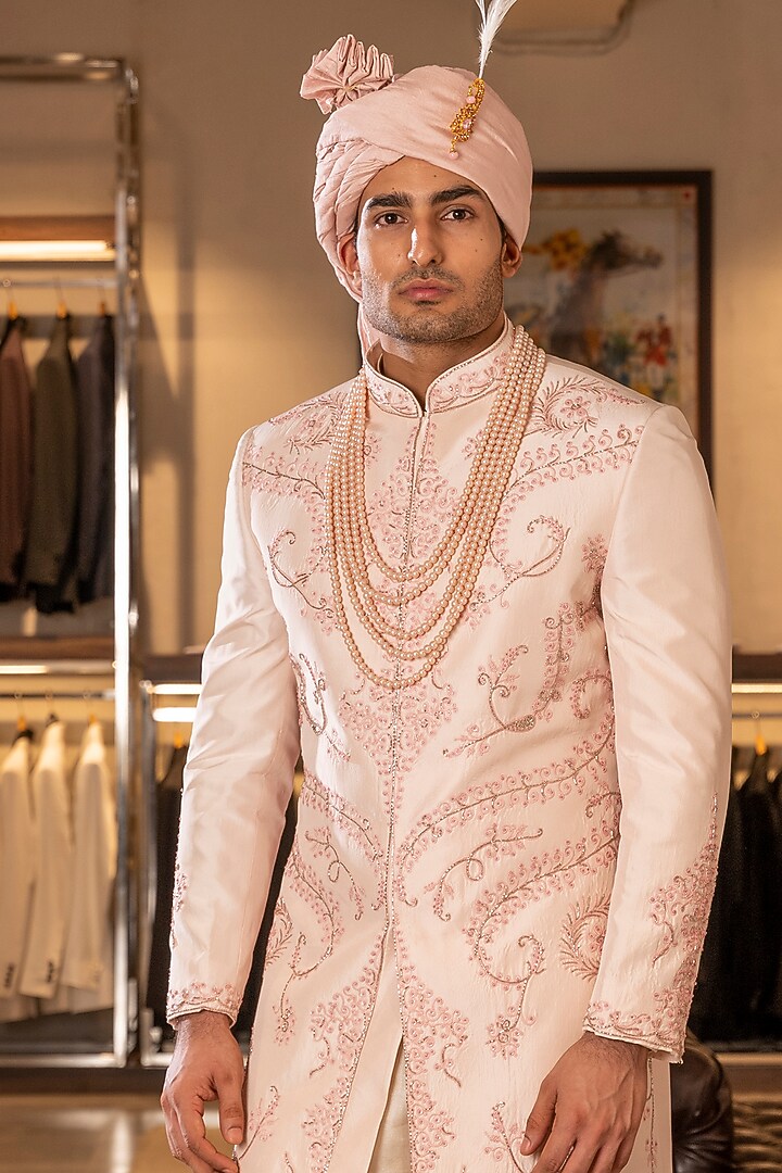White Raw Silk Embroidered Groom Sherwani Set by Line by Shamim Khan at Pernia's Pop Up Shop