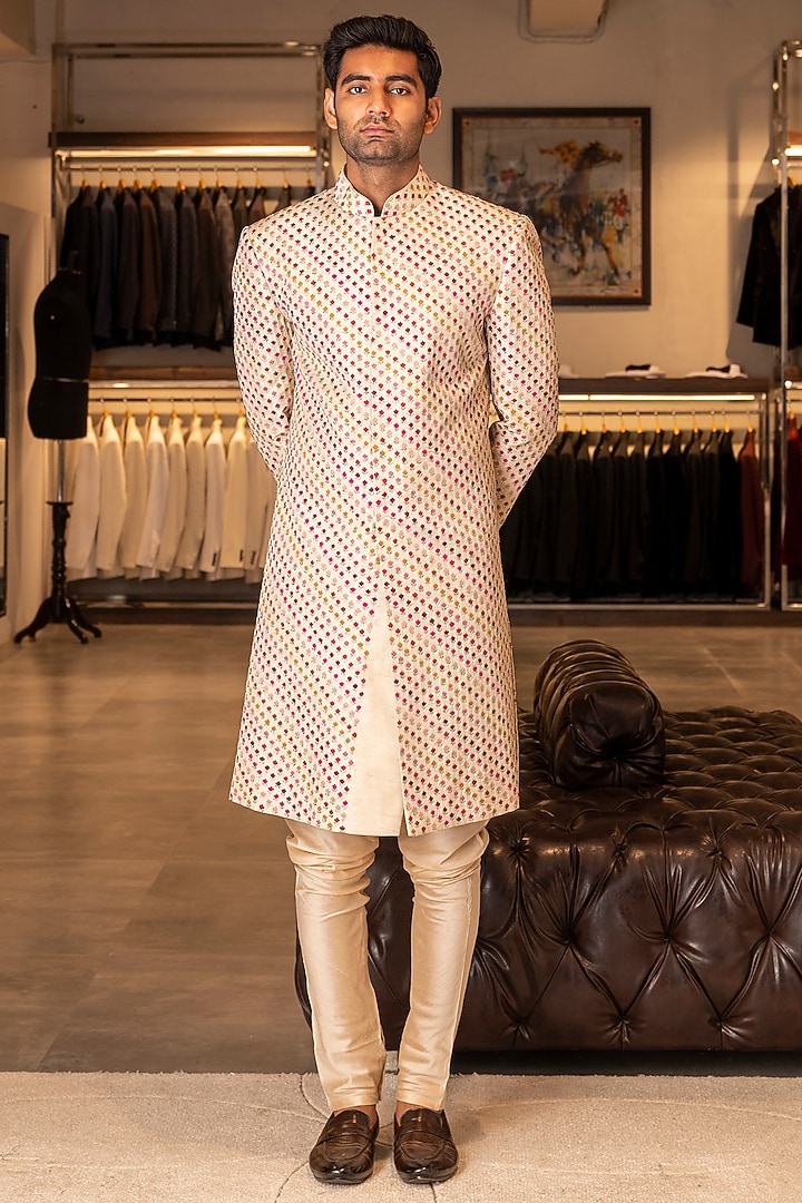 Beige Raw Silk Embroidered Groom Sherwani Set by Line by Shamim Khan at Pernia's Pop Up Shop
