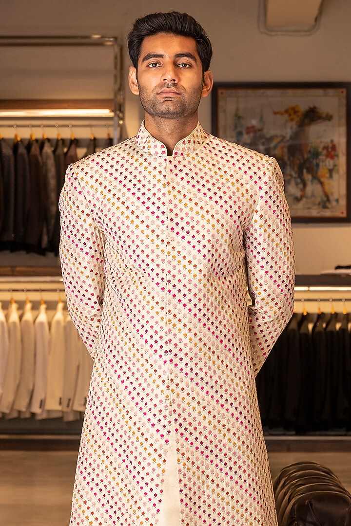 Beige Raw Silk Embroidered Groom Sherwani Set by Line by Shamim Khan at Pernia's Pop Up Shop