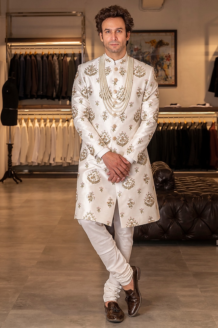 White Raw Silk Hand Embroidered Groom Sherwani Set by Line by Shamim Khan at Pernia's Pop Up Shop