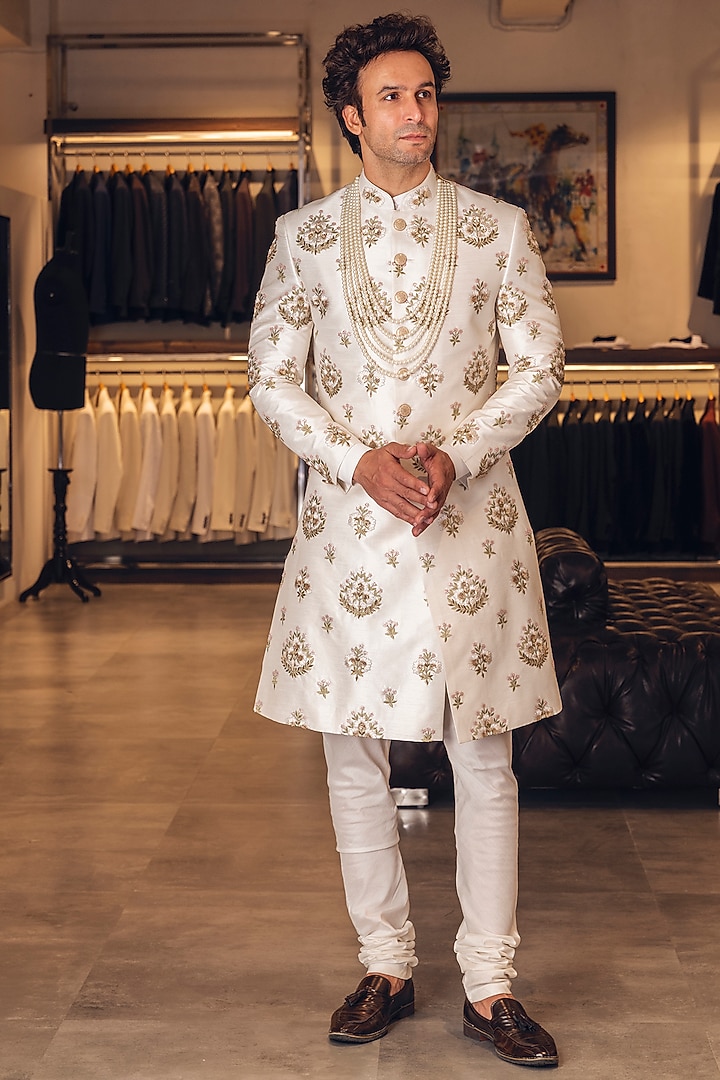 White Raw Silk Hand Embroidered Groom Sherwani Set by Line by Shamim Khan at Pernia's Pop Up Shop