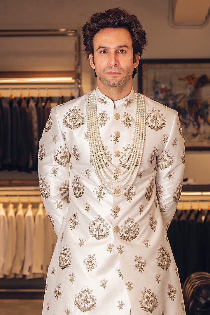 White Raw Silk Hand Embroidered Groom Sherwani Set by Line by Shamim Khan at Pernia's Pop Up Shop