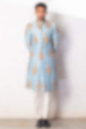 Pastel Blue Raw Silk Embroidered Sherwani Set by Line by Shamim Khan