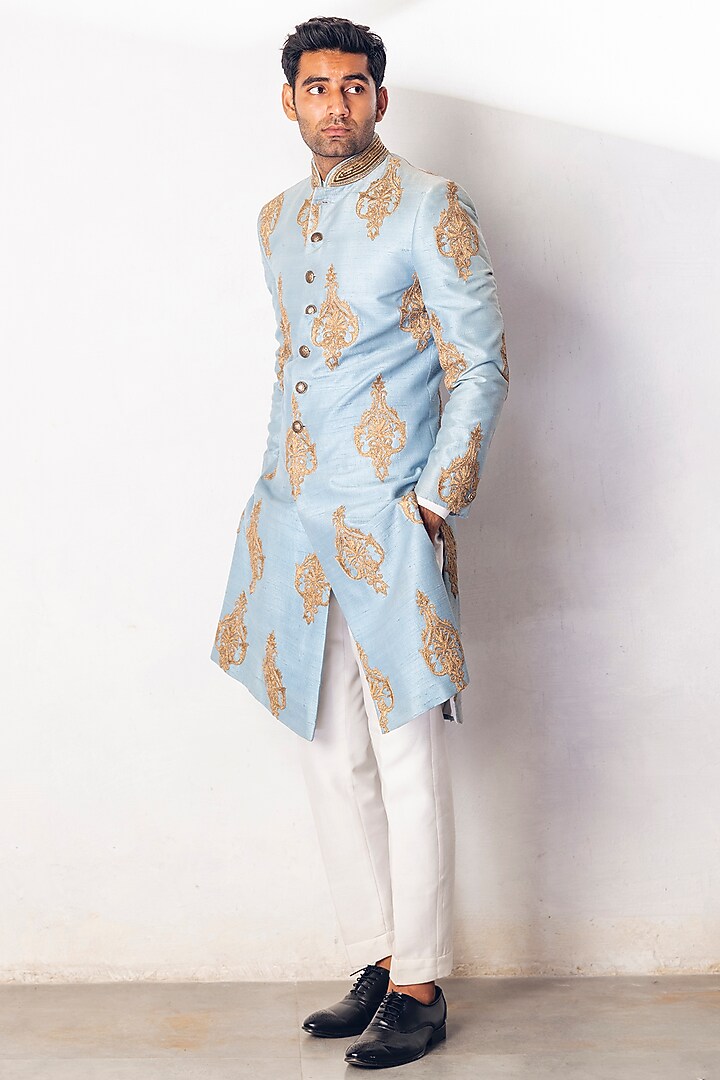 Pastel Blue Raw Silk Embroidered Groom Sherwani Set by Line by Shamim Khan at Pernia's Pop Up Shop