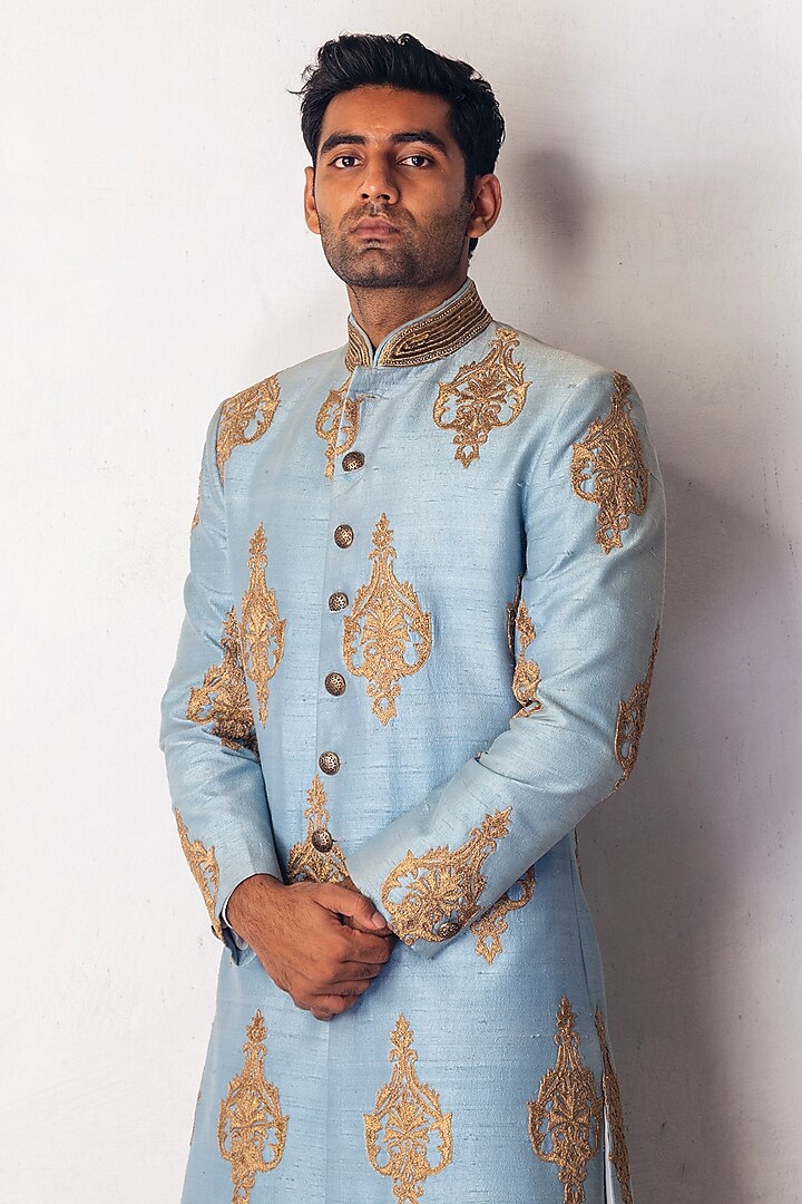 Pastel Blue Raw Silk Embroidered Groom Sherwani Set by Line by Shamim Khan at Pernia's Pop Up Shop