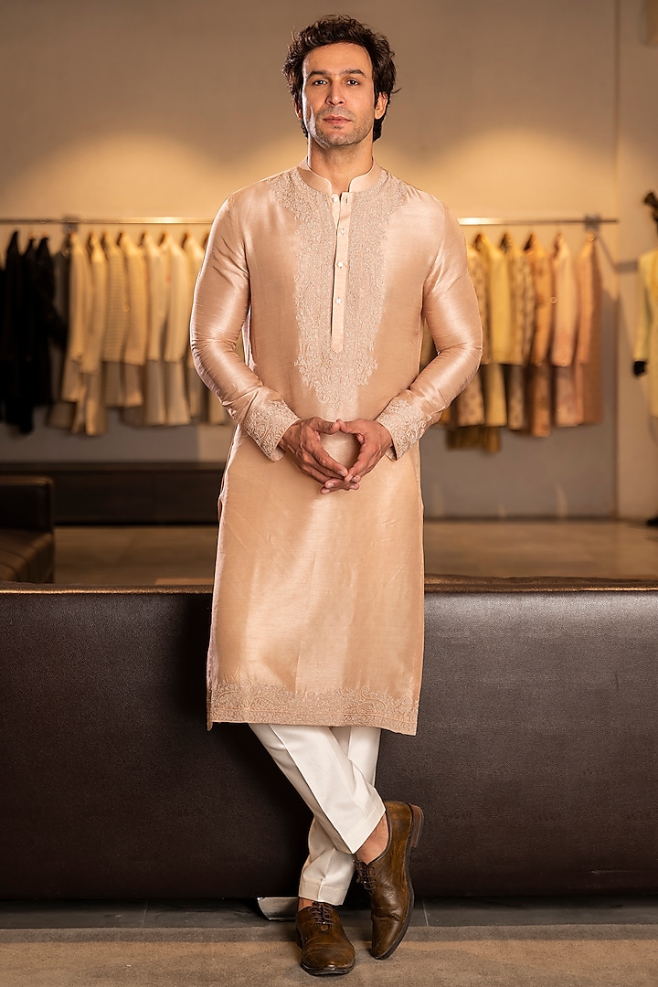 Pastel Peach Silk Blend Embroidered Kurta Set by Line by Shamim Khan