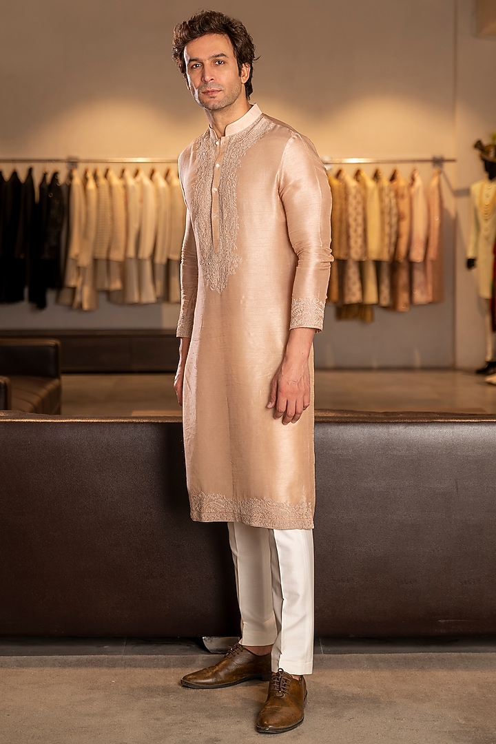 Pastel Peach Silk Blend Embroidered Kurta Set by Line by Shamim Khan at Pernia's Pop Up Shop