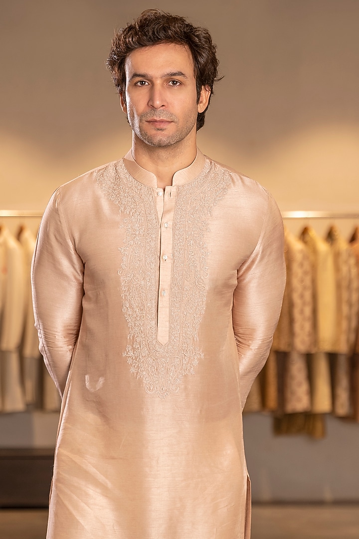 Pastel Peach Silk Blend Embroidered Kurta Set by Line by Shamim Khan at Pernia's Pop Up Shop