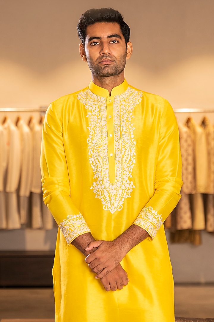 Yellow Silk Blend Embroidered Kurta Set by Line by Shamim Khan at Pernia's Pop Up Shop