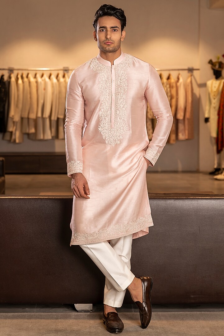 Powder Pink Silk Blend Embroidered Kurta Set by Line by Shamim Khan at Pernia's Pop Up Shop