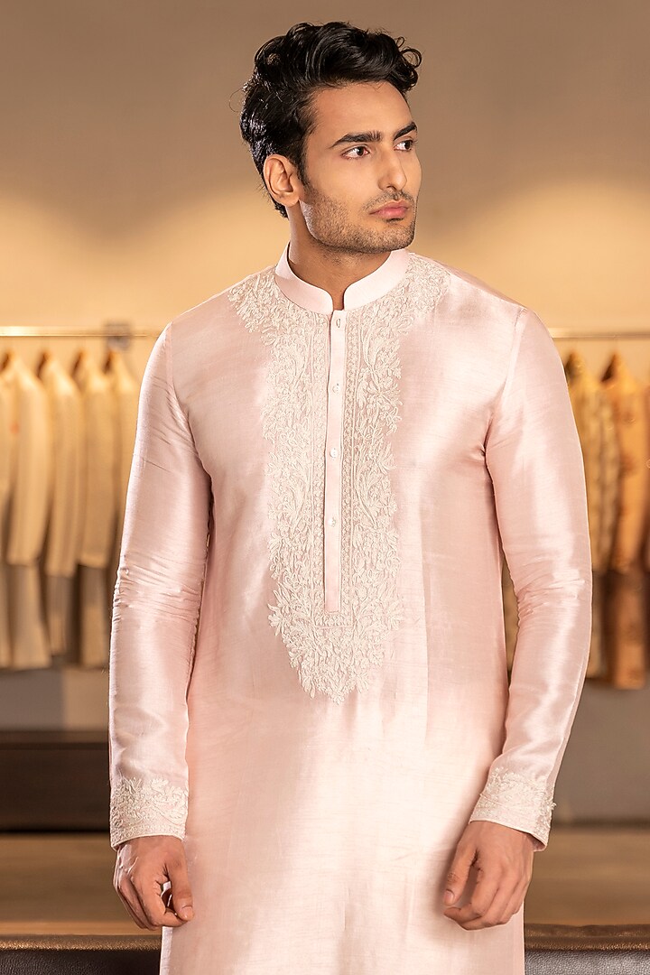 Powder Pink Silk Blend Embroidered Kurta Set by Line by Shamim Khan at Pernia's Pop Up Shop