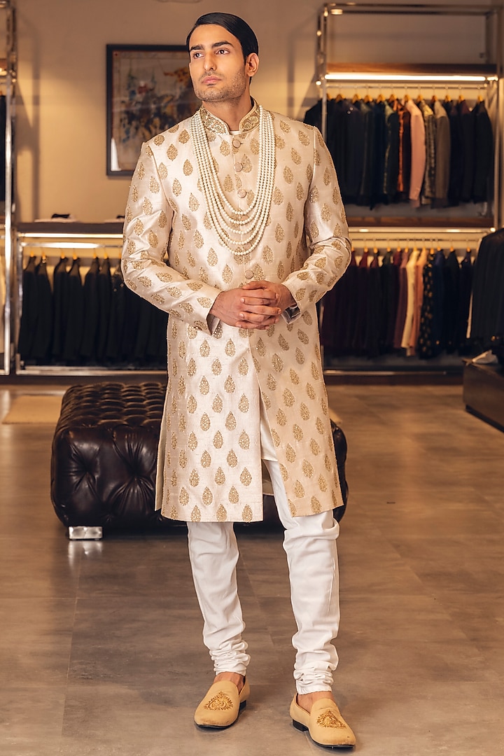 Flax Raw Silk Embroidered Groom Sherwani Set by Line by Shamim Khan at Pernia's Pop Up Shop