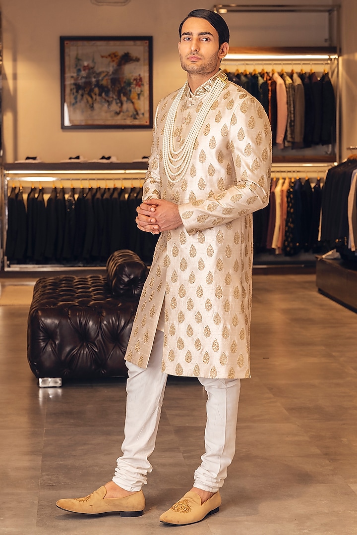 Flax Raw Silk Embroidered Groom Sherwani Set by Line by Shamim Khan at Pernia's Pop Up Shop