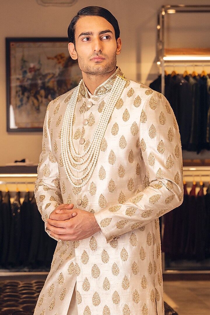 Flax Raw Silk Embroidered Groom Sherwani Set by Line by Shamim Khan at Pernia's Pop Up Shop