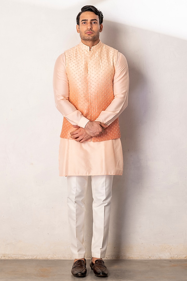 Peach Raw Silk Embroidered Nehru Jacket by Line by Shamim Khan at Pernia's Pop Up Shop