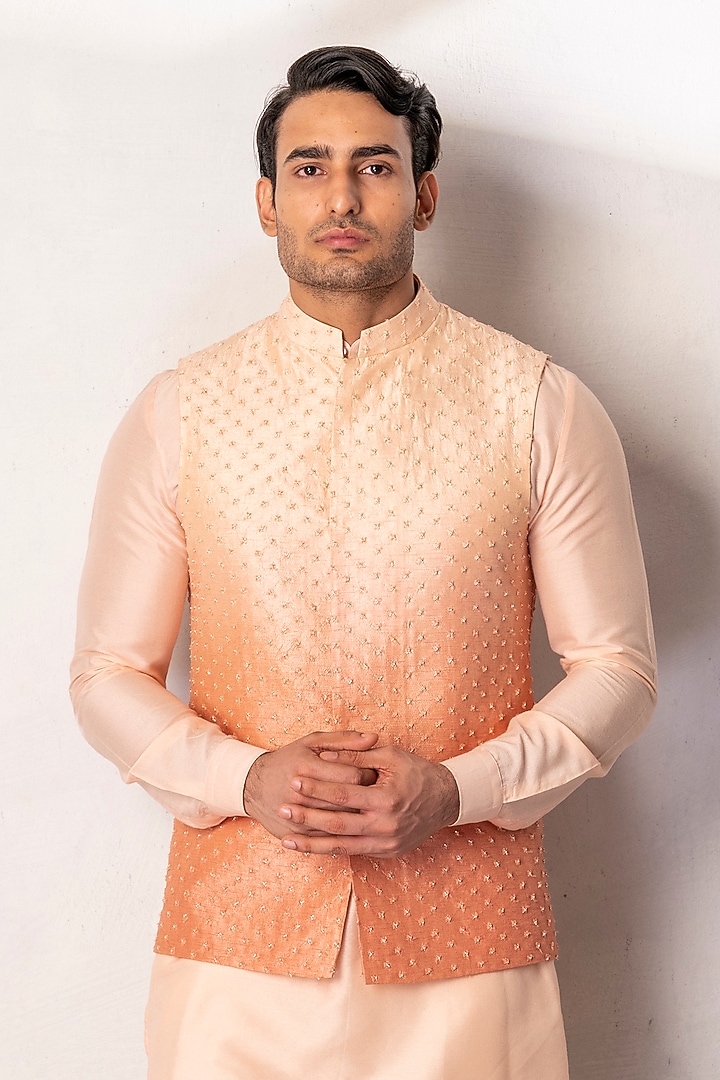 Peach Raw Silk Embroidered Nehru Jacket by Line by Shamim Khan at Pernia's Pop Up Shop