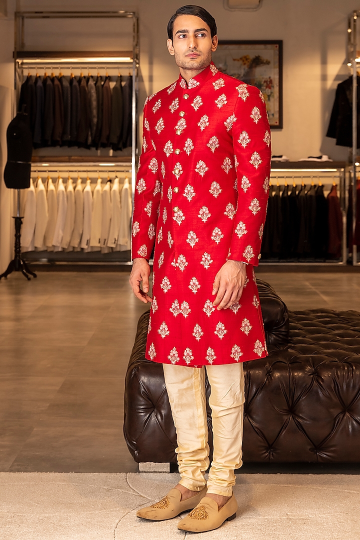 Red Raw Silk Embroidered Sherwani Set by Line by Shamim Khan