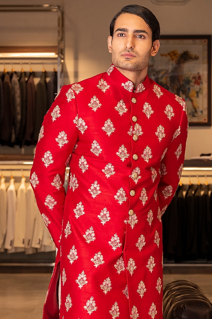 Red Raw Silk Hand Embroidered Groom Sherwani Set by Line by Shamim Khan at Pernia's Pop Up Shop
