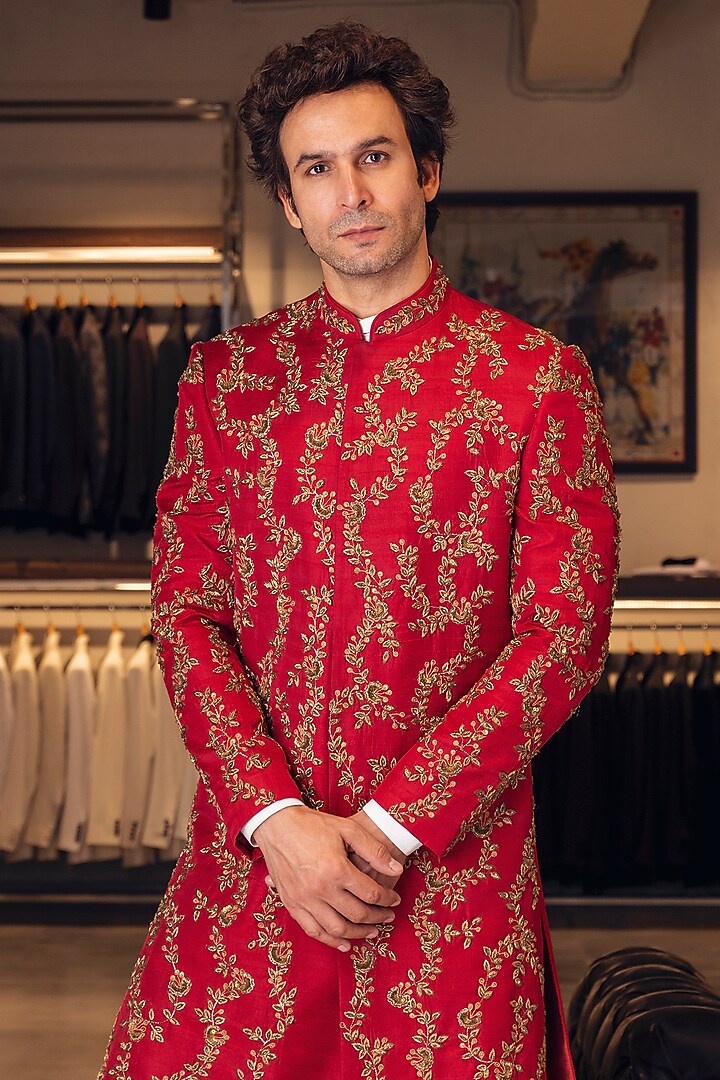 Red Raw Silk Hand Embroidered Groom Sherwani Set by Line by Shamim Khan at Pernia's Pop Up Shop