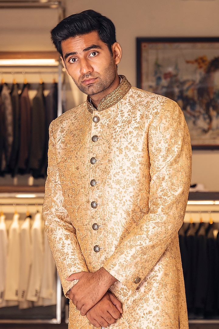 Gold Raw Silk Embroidered Groom Sherwani Set by Line by Shamim Khan at Pernia's Pop Up Shop