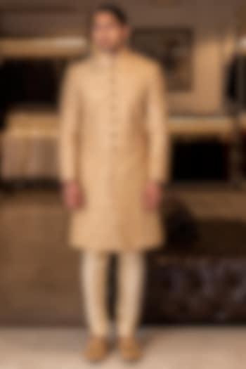 Beige Raw Silk Embroidered Groom Sherwani Set by Line by Shamim Khan at Pernia's Pop Up Shop