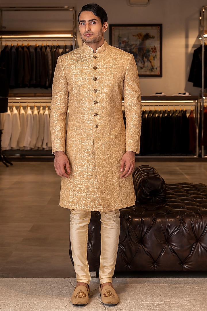 Beige Raw Silk Embroidered Groom Sherwani Set by Line by Shamim Khan at Pernia's Pop Up Shop