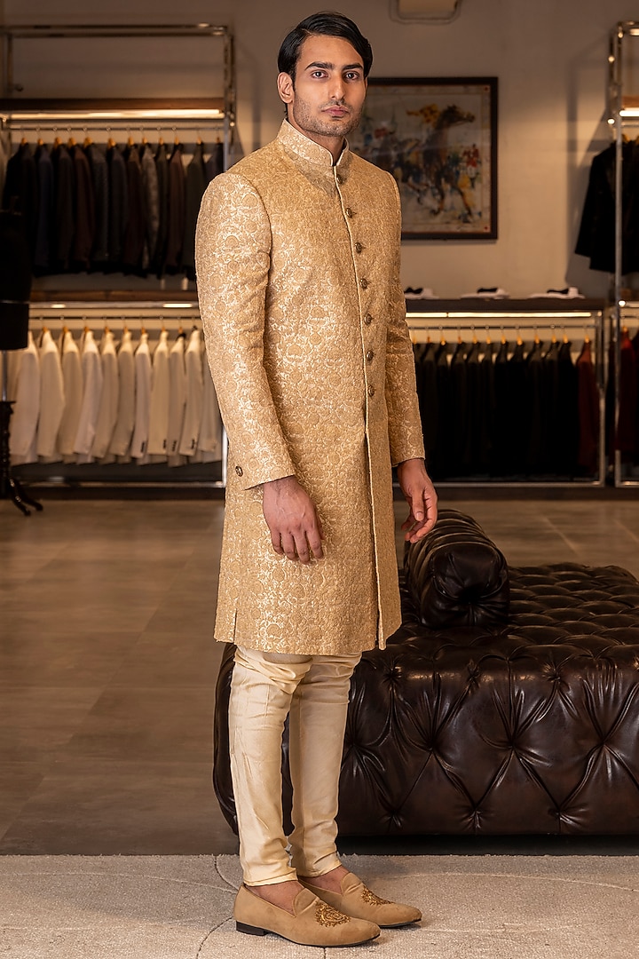 Beige Raw Silk Embroidered Groom Sherwani Set by Line by Shamim Khan at Pernia's Pop Up Shop