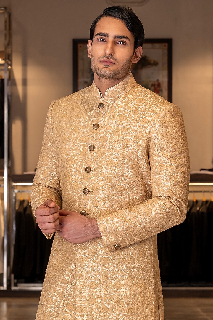 Beige Raw Silk Embroidered Groom Sherwani Set by Line by Shamim Khan at Pernia's Pop Up Shop