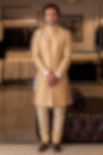 Beige Raw Silk Embroidered Groom Sherwani Set by Line by Shamim Khan at Pernia's Pop Up Shop