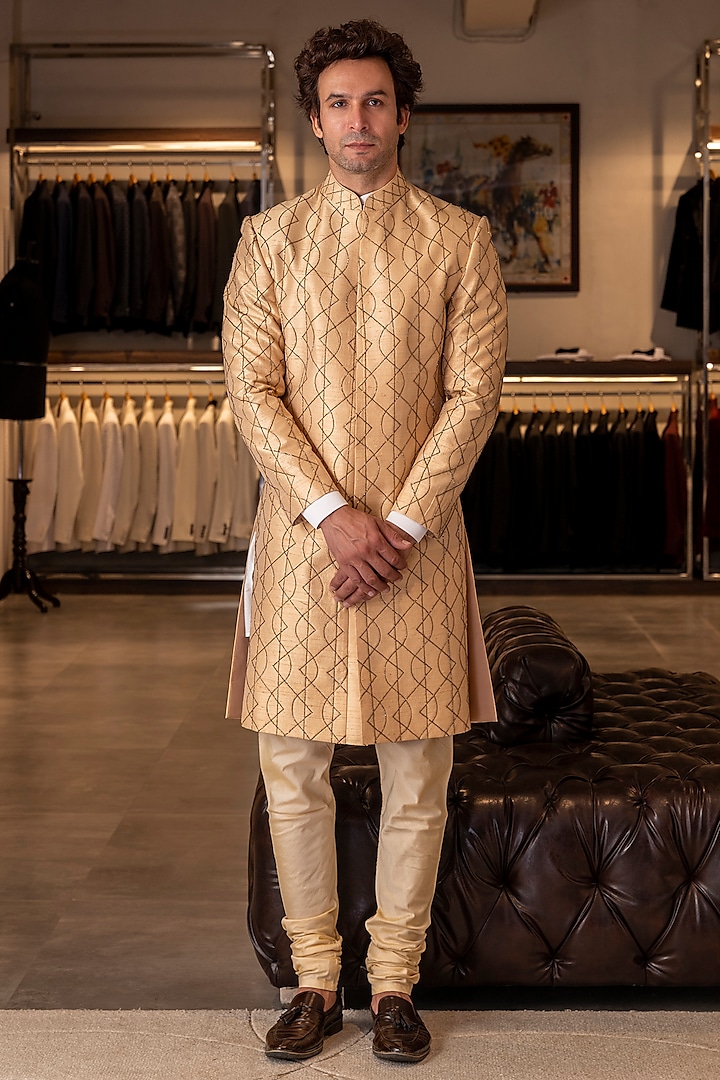 Beige Raw Silk Embroidered Groom Sherwani Set by Line by Shamim Khan at Pernia's Pop Up Shop