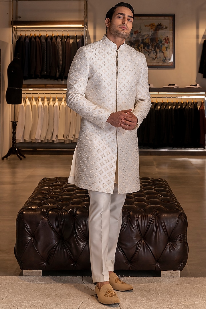 Porcelain Raw Silk Embroidered Groom Sherwani Set by Line by Shamim Khan at Pernia's Pop Up Shop