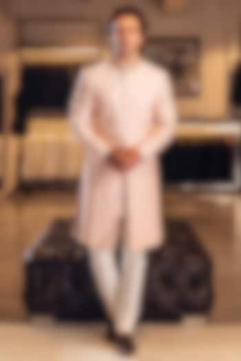 Apricot Raw Silk Embroidered Groom Sherwani Set by Line by Shamim Khan at Pernia's Pop Up Shop