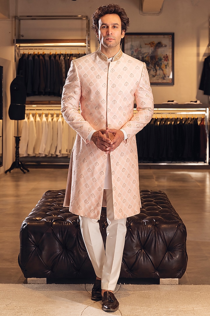 Apricot Raw Silk Embroidered Groom Sherwani Set by Line by Shamim Khan at Pernia's Pop Up Shop