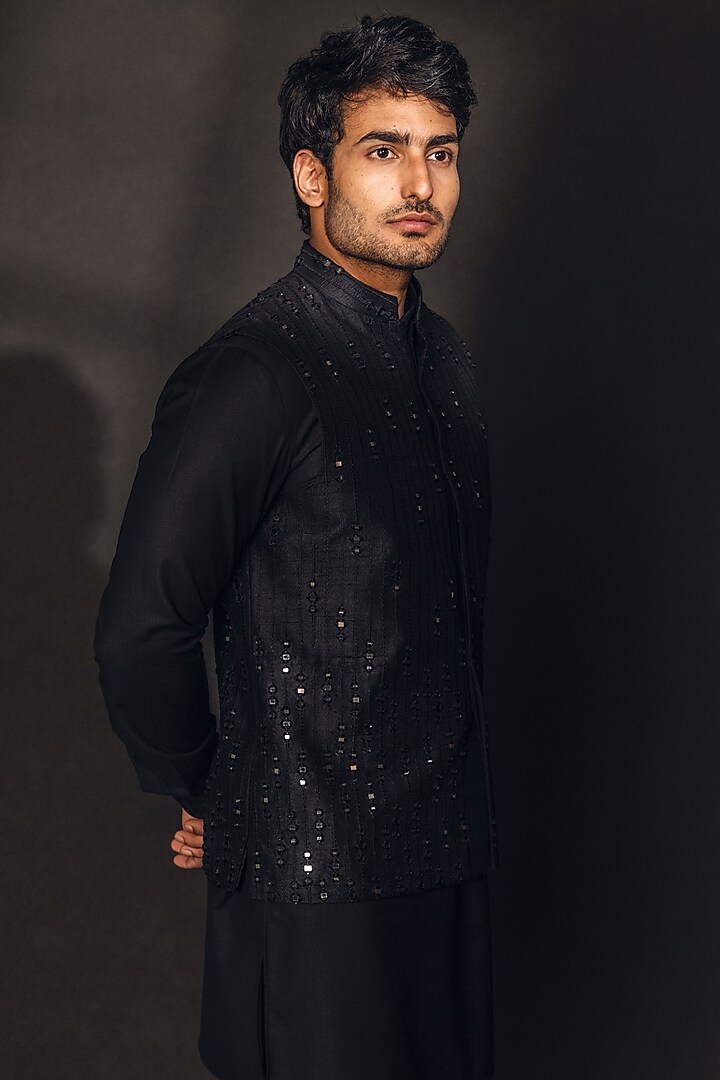Onyx Raw Silk Mirror Work Nehru Jacket by Line by Shamim Khan at Pernia's Pop Up Shop