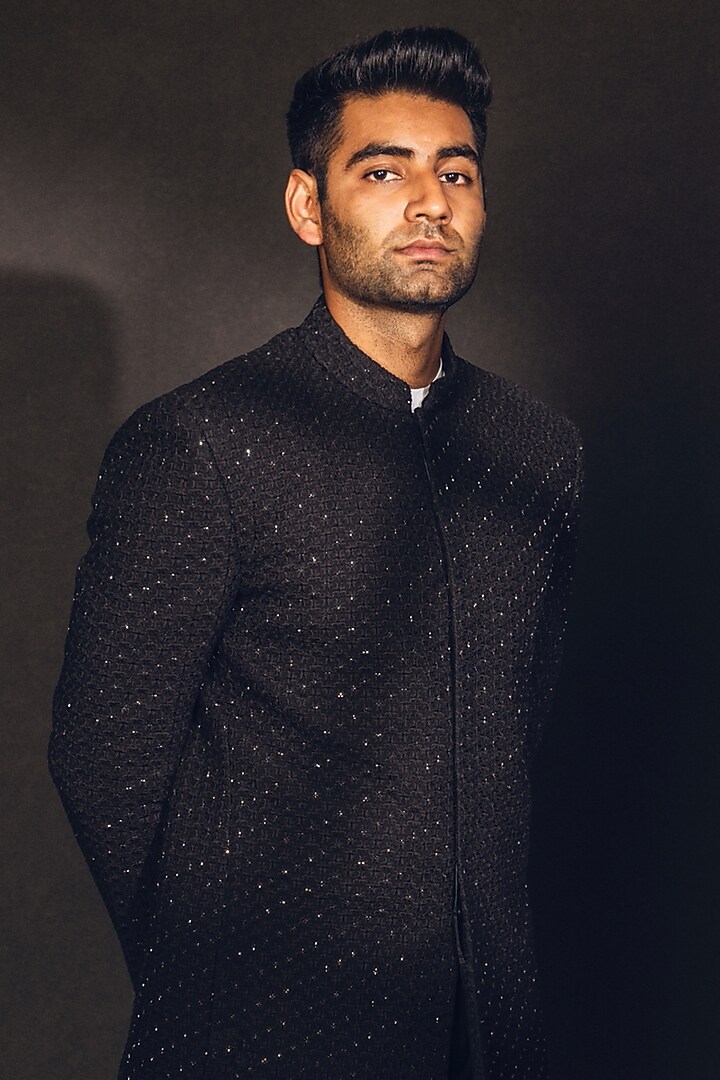 Ebony Georgette Hand Embroidered Groom Bandhgala Jacket by Line by Shamim Khan at Pernia's Pop Up Shop