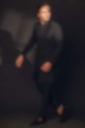 Jet Black Cotton Blend Embroidered Wedding Sherwani Set by Line by Shamim Khan at Pernia's Pop Up Shop