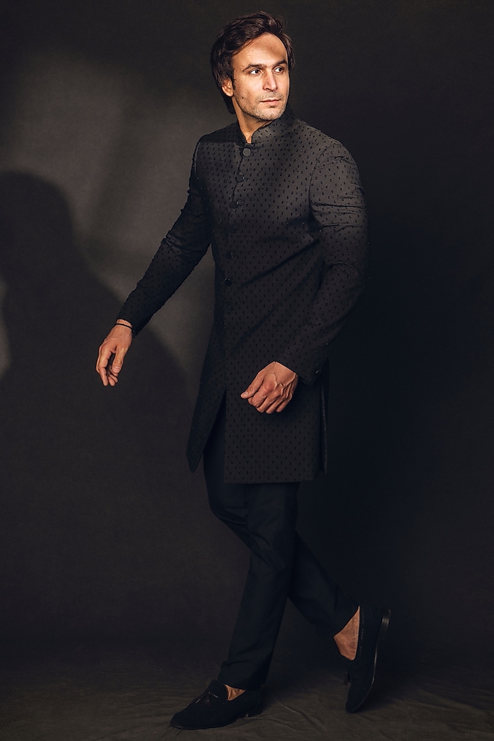 Jet Black Cotton Blend Embroidered Wedding Sherwani Set by Line by Shamim Khan at Pernia's Pop Up Shop