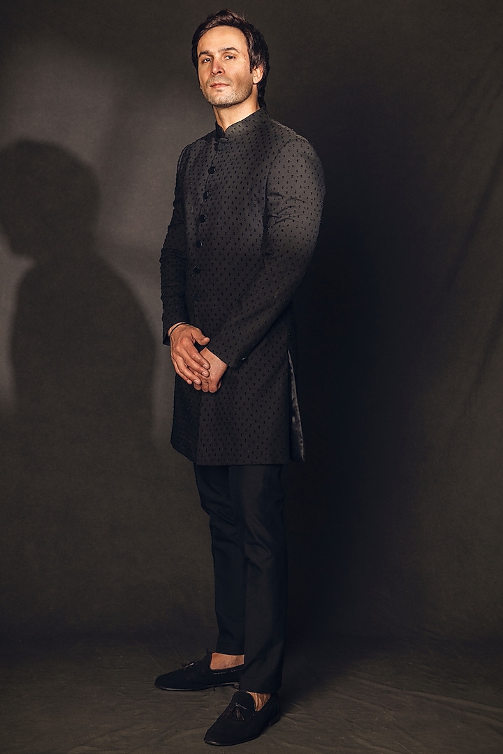 Jet Black Cotton Blend Embroidered Groom Sherwani Set by Line by Shamim Khan at Pernia's Pop Up Shop