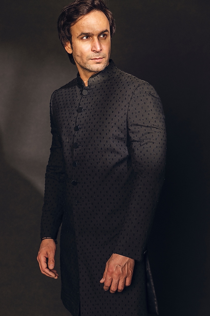 Jet Black Cotton Blend Embroidered Groom Sherwani Set by Line by Shamim Khan at Pernia's Pop Up Shop
