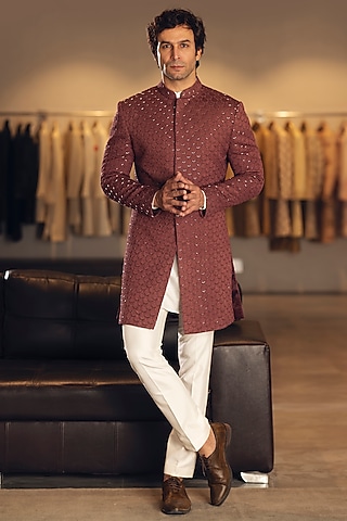 Maroon Georgette sherwani Set by Line by Shamim Khan